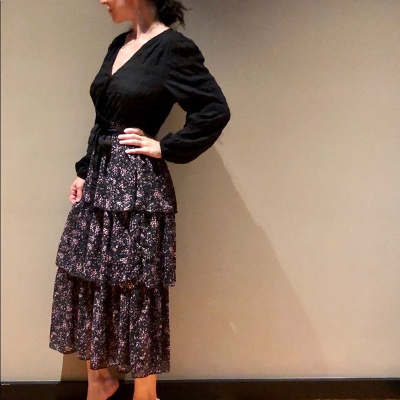 Dress S maxi black flounce long 2 4 sleeve belt - Picture 3 of 9